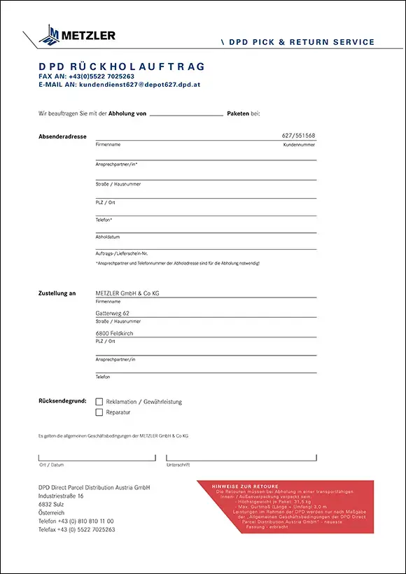 Formular DPD-Rückholauftrag